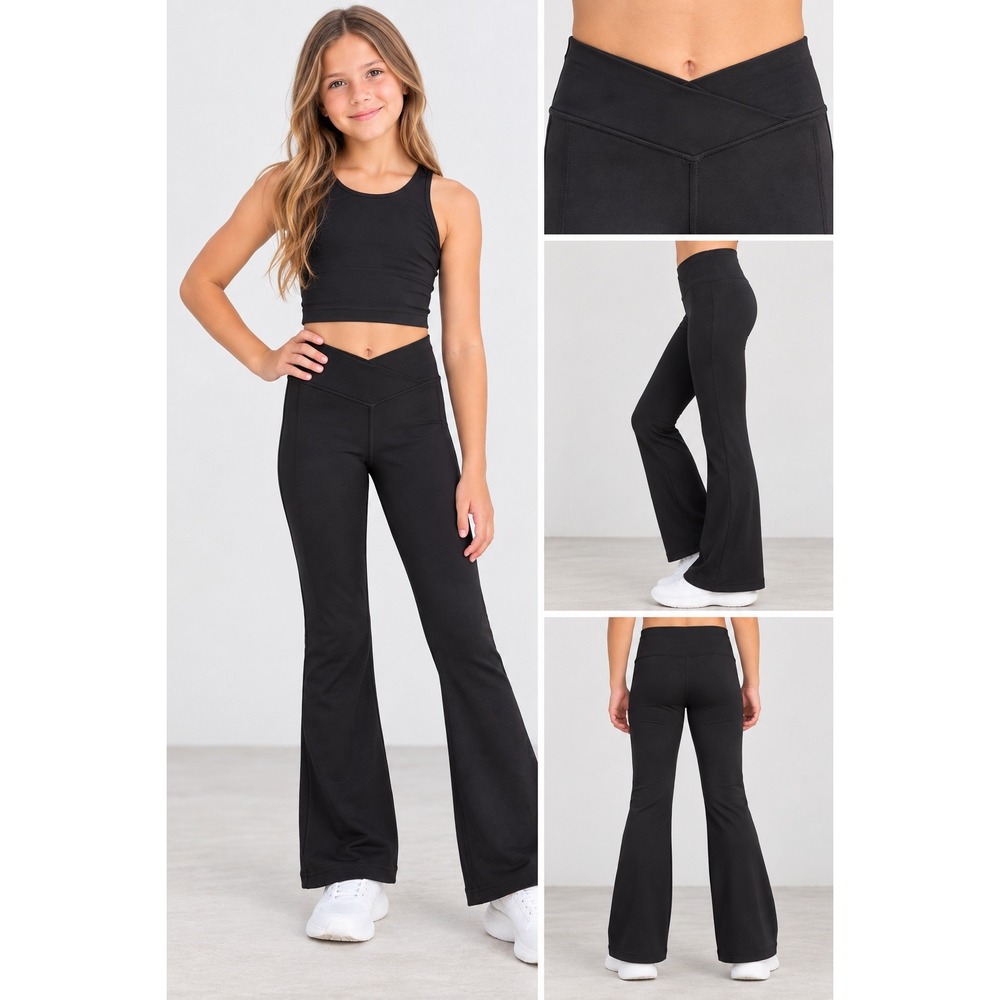 Girls Black Flare Leggings Crossover V-Waist Nylon Spandex Bootcut Size 140 11Y
